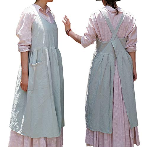 Women Girls Vintage Cute Apron Gardening Works Cross Back CottonLinen Blend Aprons Pinafore Dress with Two Pockets greenV neck 354Wx354L