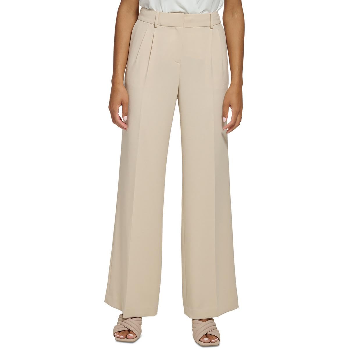 Calvin Klein Womens Double Pleat High Rise Wide Leg Pants Beige 12