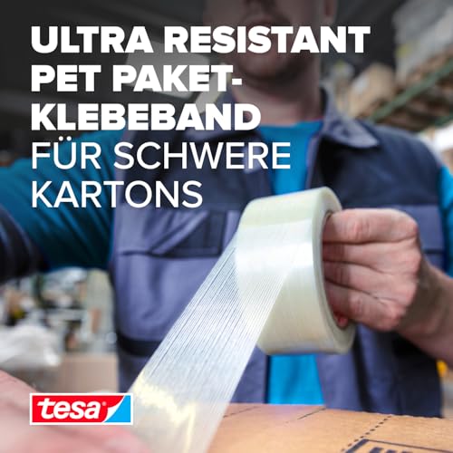 tesapack Ultra Resistant Filamentband - Ultra starkes Premium-Klebeband, glasfaserverstärkt - für schwere Kartons bis zu 30 kg und zur Transportsicherung - 50 m x 50 mm - Transparent