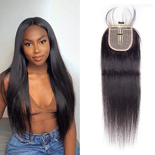 Brazilian Virgin Straight 4X4 Lace Closure T-Part Lace 100% Human Hair Brazilian Straight Hair 4X0.9 Hand-Tied Lace Closure Middle Part Human Hair Closure Natural Color (8Inch, 4x4 T part Closure)