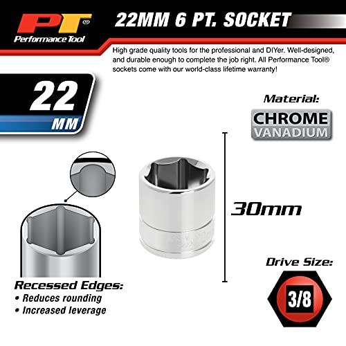 Performance Tool W38222 6-Point Socket, 3/8" Drive, 22Mm #TOP5