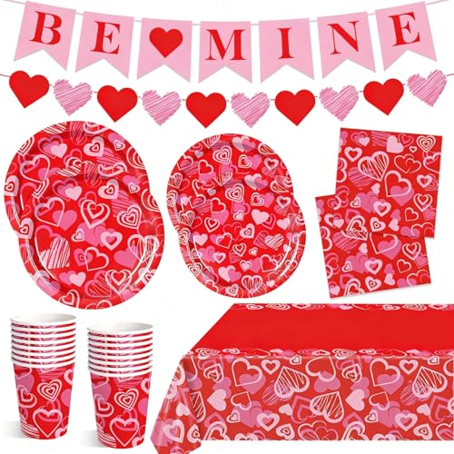 LAOREI Valentine's Day Party Tableware Set for 24 – Heart Pattern Paper Plates, Cups, Napkins, Tablecloth & Be Mine Banner – Romantic Disposable Party Supplies for Couples, Adults