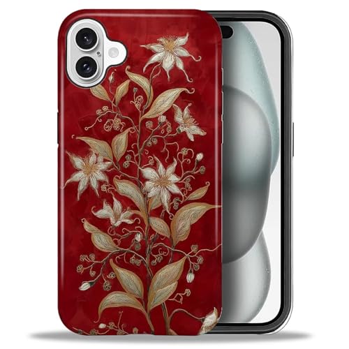 ZHEGAILIAN Case for iPhone 16,Shockproof Hard Shell + Soft Silicone 2 in 1 Hybrid,Shockproof Bumper Drop Protective - White Flowers On Deep Red
