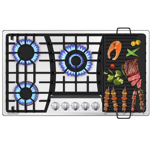 36 inch Gas Cooktop with Griddle Bulit-in Gas Stove Top with 5 Burner NG/LPG Convertible Cooktops 5 Burner Propane Cooktop with Thermocouple Protection Stainless Steel