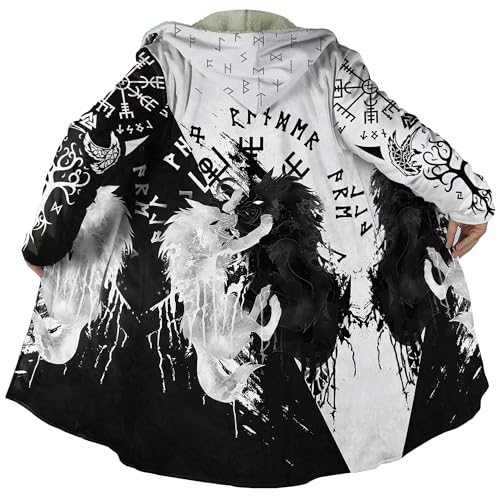 Viking Tattoo Fenrir Wolf Winter Warm Hooded Coat 3D Print Zip Hoodie Casual Cashmere Coat Parka Harajuku Jacket Outerwear