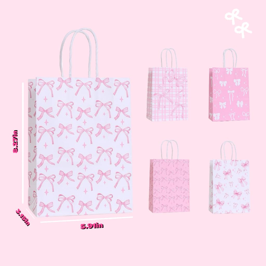 10 Pcs Pink Ribbon Bow Gift Bags with Handles, Gift Bags with Ribbons, 24 Envelopes, 2 Sticker Sheets & 1 Ribbon Roll for Coquette-Style Birthday Party Favors, Baby Shower, Wedding, Girls Tea Party, Cute Pink Goodie Bag Bulk for Treats and Gifts