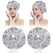 2pcs Deep Conditioning Hair Cap for Oil Treatment Heat Heated Shower Caps Reusable Aluminum Foil Double Layer Aluminum Foil Steam Caps for Home Salon Use Hair Dyeing Long Thick Hairs