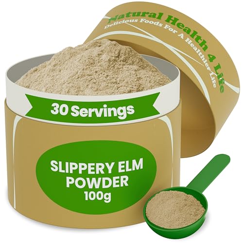 Natural Health 4 Life 100% Pure Inner Bark Slippery Elm Powder Supports Gut Health Gluten Free Vegan Natural Flavour Suitable for All Ages 100g Slippery Elm Powder Tub with Scoop