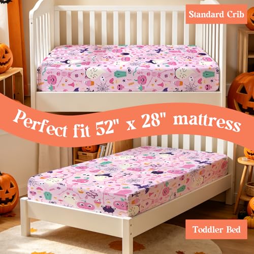 Image of JISEN Halloween Crib Sheet Soft Breathable Skeleton Ghost Fitted Crib Sheets for Standard Crib and Toddler Mattress Baby Bed Sheets for Boys Girls Neutral 52x28 Inch Pink