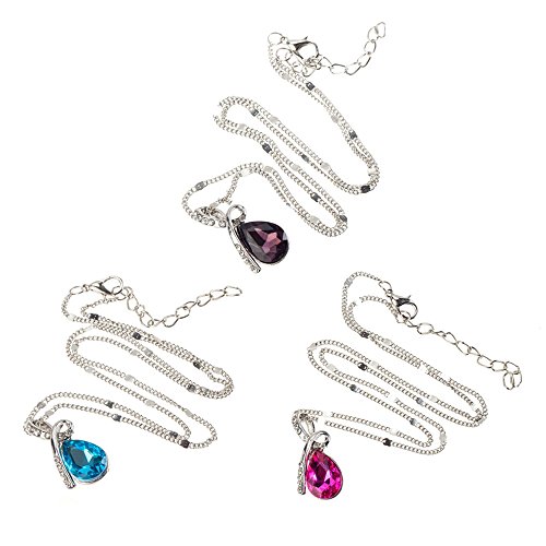Fantastic Deal Jewelry Set Kit of 3 Charming Classy Necklaces With Tear Drop Shaped Crystals / Rhinestones / Gemstones Pendants In Purple, Blue And Rose Pink And Ribbon Shaped Silver Colored Decorations On Chains By VAGA