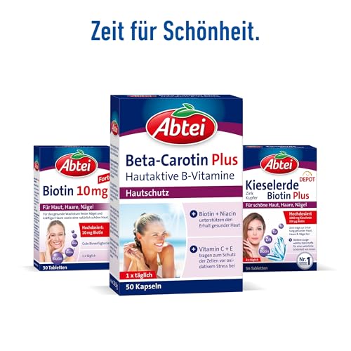 Abtei Beta-Carotin Plus - Nährstoffkombination aus hautaktiven B-Vitaminen, Vitamin C und Vitamin E - für gesunde & schöne Haut und Hautschutz - glutenfrei, laktosefrei - 50 Kapseln