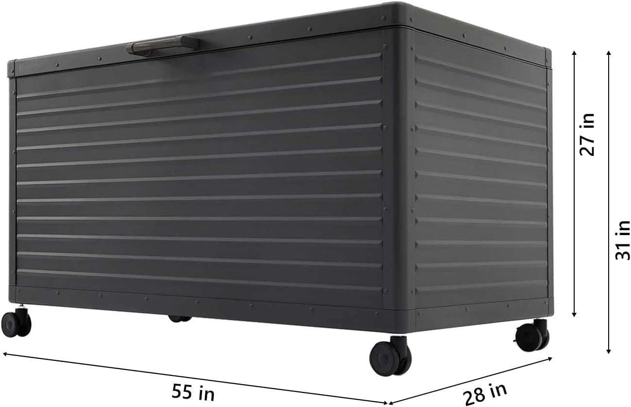 MIRADOR 175 Gallon Outdoor Storage Box with Wheels & Soft-Close Lid, Waterproof Metal Deck Box for Patio Cushions, Garden Tools & Pool Accessories, Charcoal