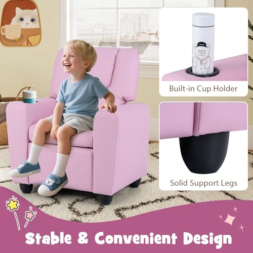 Image of GLACER Kids Recliner with Cup Holder, PU Leather Toddler Lounge Chair(Pink) | Baby Recliner w /Adjustable Backrest & Footrest, Spring Seat Cushion, Push Back Toddler Sofa for Ages 3+, Supports 150 lbs