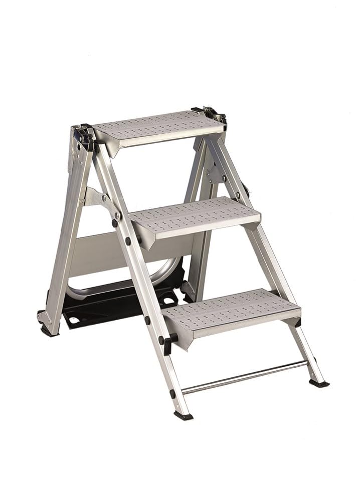 Svelt Sgabello Industriale Professionale Richiudibile in Alluminio con Guarda-Corpo, 3 Gradini Antiscivolo, Vaschetta Porta-Attrezzi e Ruote – Certificato