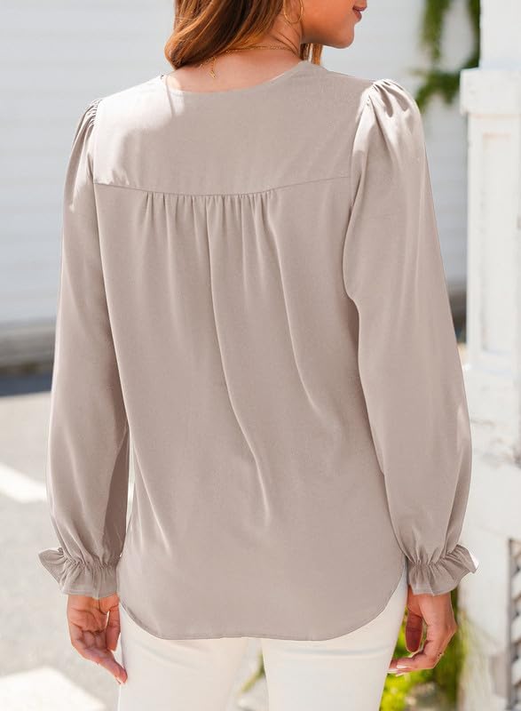 Dokotoo Womens Tops Casual Pleated V Neck Puff Long Sleeve T Shirts Loose Tunic Business Blouse2