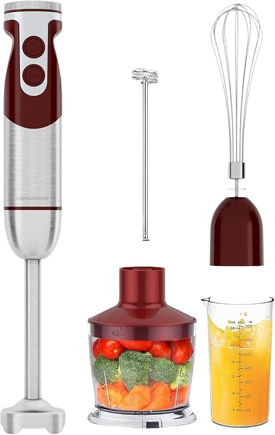 Image of MegaWise 5-in-1 Immersion Hand Blender Set with Variable Speed, 400W, Stainless Steel - Includes Chopper, Whisk, Milk Frother, and Beaker - Ideal for Soups, Smoothies, Baby Food & More (RED)