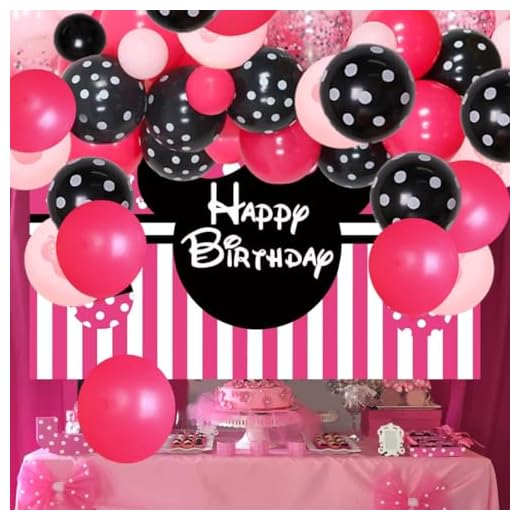 JOYMEMO Mimmi Pigg tema födelsedagsfest tillbehör, ros röd rosa svart ballong girlang kit med Mimmi bakgrund för flickor första 2:a 6 månader födelsedagskalas festdekorationer