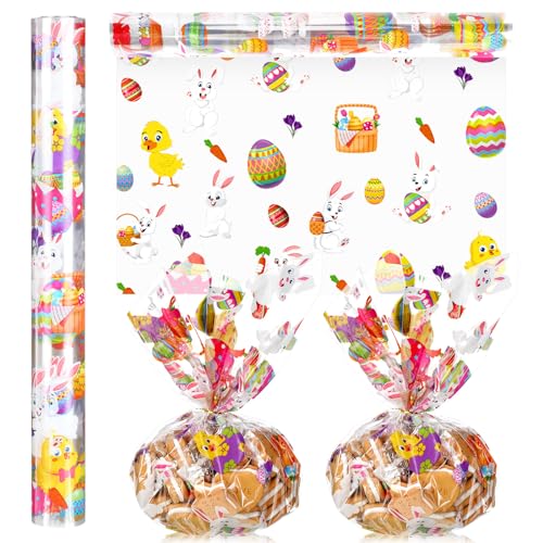 Gueevin Easter Cellophane Wrap Roll Easter Wrapping Paper Roll 100 ft x 16 Inch 2.5 Mil Thick Crystal Clear Themed Bunny Egg Cellophane Gift Wrap for Basket Treats Gifts Crafts Flowers