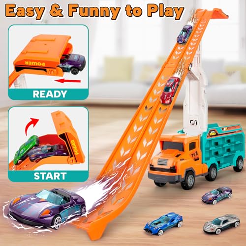 Image of BainGesk Carrier Truck Toys for 3 4 5 6 Years Old Boys, 2.8 Ft Race Track Transport Cars with 6 Die-Cast Metal Toy Cars, Birthday Gifts Kids Age 3-5, Racing Toys Gifts for Toddlers