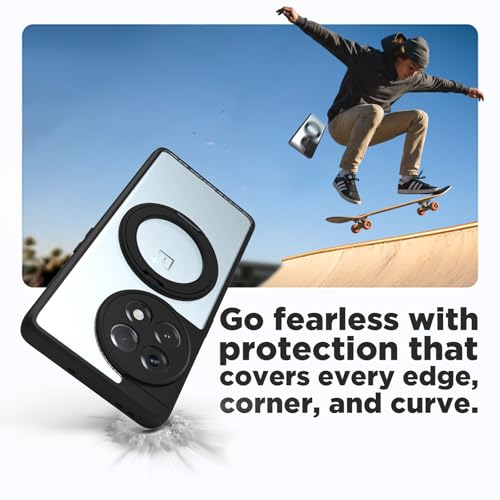 Image of RIGGEAR Shockproof Sleek Hybrid Armor 360 Rotating Magnetic Ring Stand Back Cover Case Compatible with MagSafe Accessories for OnePlus 11R (Clear PC + Black TPU Bumper)