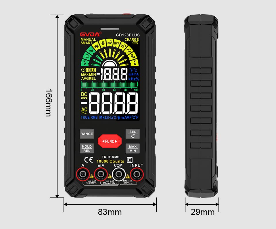 Diagram showing the dimensions of the GVDA GD128PLUS Multimeter in millimeters.