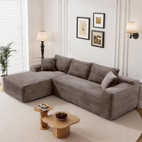 Image of 95 inch L Shaped Boneless Sectional Couches, Wide Armrest, Deep Seat, Memory Foam, Assembly Free, Modern Comfy Corduroy Fluffy Cloud Sofa with Left Chaise for Living Room, Small Spaces, Brown