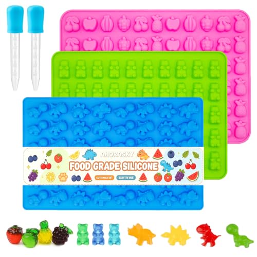 Gummy Candy Molds - Silicone Mini Gummy Bear/Dinosaur/Fruit Snack Molds with 2pcs Dropper Non-stick and Bpa Free for Candy Chocolate Gummies Baking