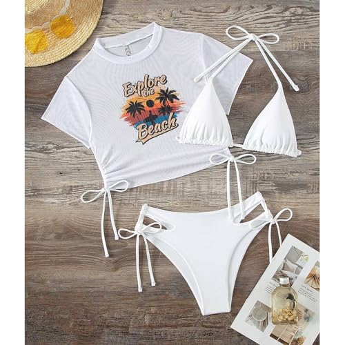 Image of Sexybody Women's 3 Piece Swimsuit Halter String Bikini Tie Side Mesh Short Sleeve Bathing Suits