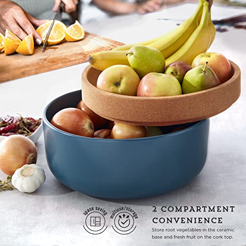 Image of Ceramic and Cork Large Breathable Produce Bowl with Lid to Naturally Extend Produce Freshness, Natural Cork and Teal Ceramic