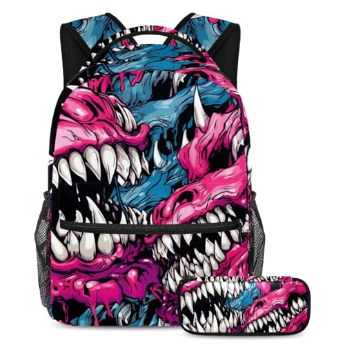 Sac à dos Pop Art Cartoon Monster 86 avec trousse assortie pour écoliers et ados