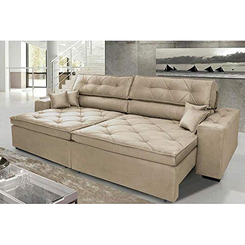 Sofá Austin 2,42m Retrátil, Reclinável com Molas no Assento e Almofadas, Tecido Suede Bege