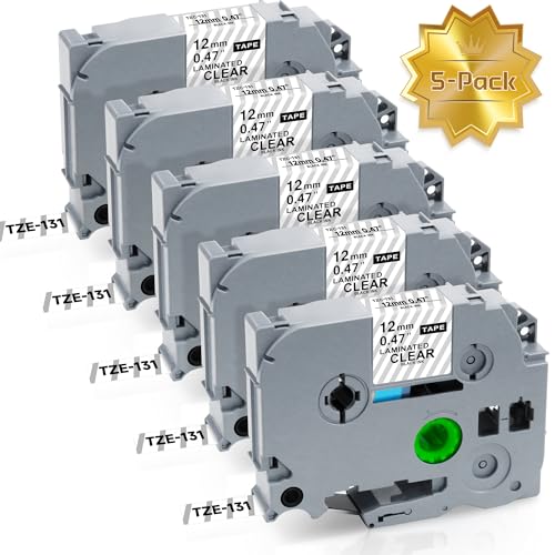 QWUIU TZe-131 Label Maker Tape 12mm 0.47 Replacement for Brother P Touch 1/2 inch Label Tape Black on Clear Ptouch PTD220 PTD200 PTD210 PTD400AD PTH100 Label Maker 5-Pack