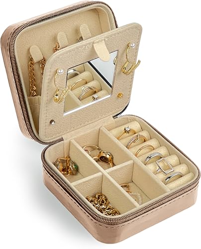 HomeGadget Astuccio da viaggio per gioielli con specchio - [ Ideale per le Donne ] - Astuccio per gioielli in ecopelle con zip - Organizzatore di gioielli - Rosa
