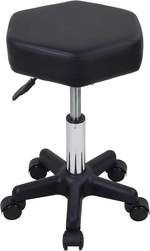 FURWOO Hexagon Rolling Stool Height Adjustable Stool with Wheels for Spa Salon Massage Black