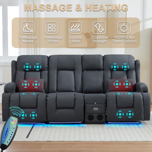 Image of URRED Power Loveseat Recliner Sofa with Massage and Heat, Wall Hugger Reclining Loveseat with Console, RV Couch Home Theater Seating with LED Lights for Living Room (Blue Grey, 89.8 inch - 3 Seats)