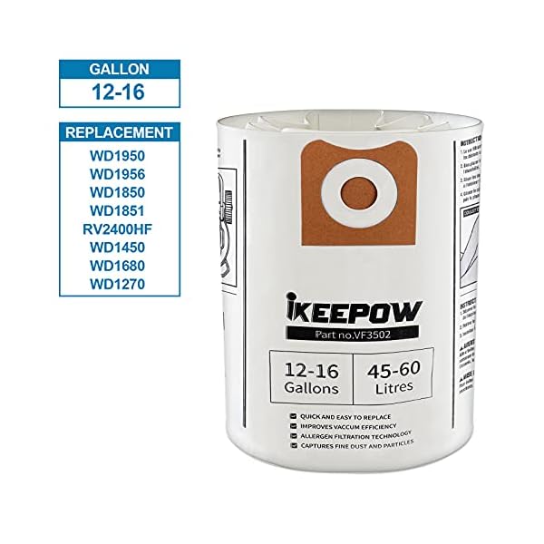 iKEEPOW VF3502 Shop Vac Bags Compatible with Ridgid Wet Dry Vacuum, 1216 Gallon Bags