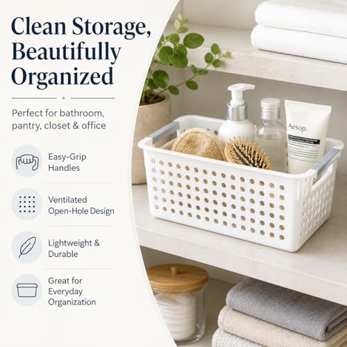 Image of Basicwise Set of 6 Plastic Storage Baskets, 12 inch x 5 inch x 5 inch Ivory Organizer Bins with Handles, Perforated Small Storage Containers for Pantry, Bathroom, Laundry, Closet, Office, Toys, Shelves, Home
