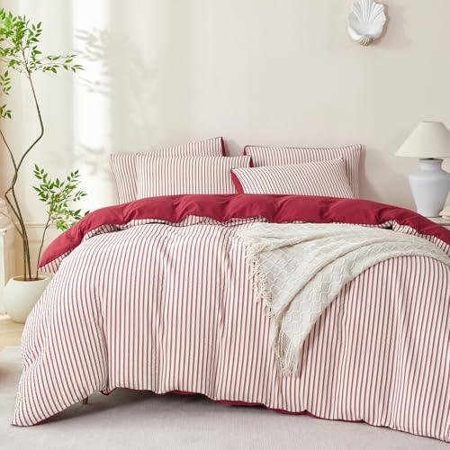 Image of Red Striped Comforter Set Queen - 3 Pieces Bedding Comforter Set for All Season, Soft Lightweight Washed Microfiber, 1 Striped Comforter and 2 Pillowcases (Red, Queen Size)