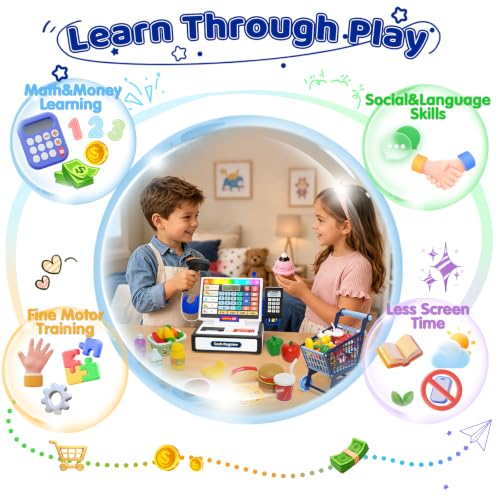 Image of LED Calculator Cash Register Toy with Shopping Cart- Pretend Play Set Kids Cash Register with Scanner, Microphone and Credit Card, Math Skills Toy for 3, 4, 5, 6 7 8+ Year Old Boy Girl