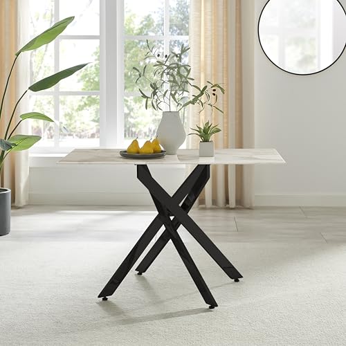 Furniturebox UK Dining Table - Leonardo 4 Seat Dining Table - Glass White Marble Effect Table Matte Black Metal Legs -Nested Starburst Design - Modern Contemporary Dining Room Home Kitchen