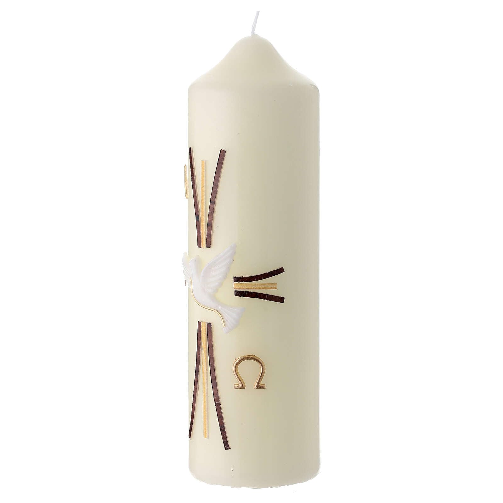 Modern Paschal Candle, Dove Over Stylised Cross with Alpha and Omega, 6.5x2 in