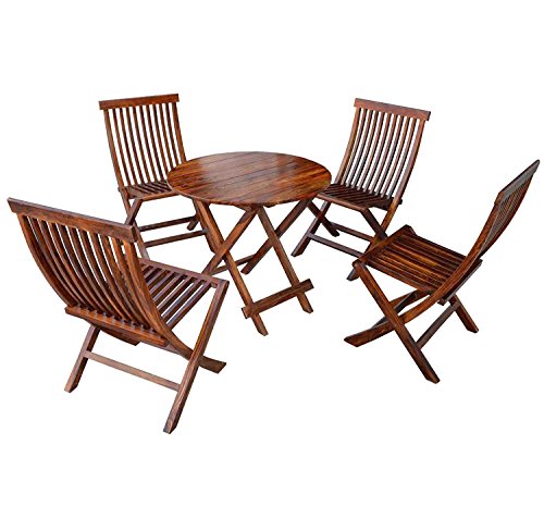 Custom Decor Bistro Round Set Folding Table & Chair Dining Rattan Wicker Outdoor Furniture Seat, 5PC - Brown Honey Teak