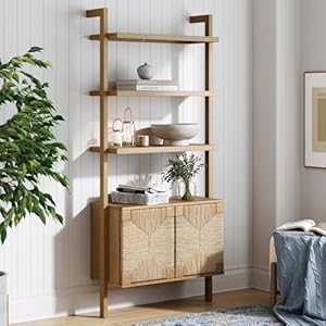 Nathan James Beacon 3-Shelf Solid Wood Bookshelf with Storage Cabinet, Bohemian Wall Mounted Shelf with Seagrass Door Fronts