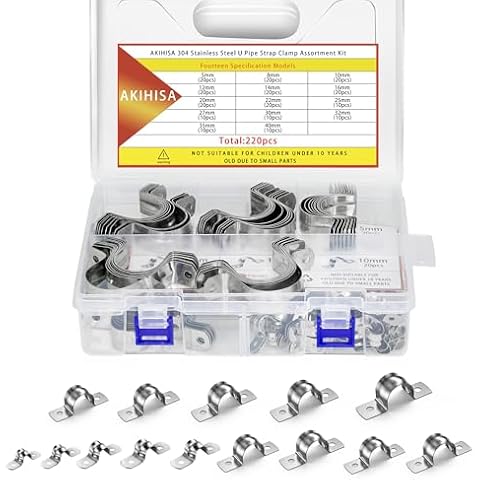 AKIHISA 220Pcs 14 Sizes Pipe Strap Clamp Assortment Kit, M5-M40 2 Holes U Tube Strap 304 Stainless Steel Clamps Set, Cable Clamp U Bracket Tube Strap Tension Clips for Pipe Tube Fixing Cover