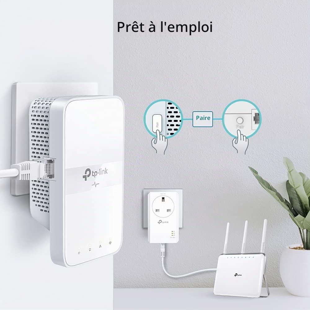 TP-Link TL-WPA7617 AV1000 Kit d'adaptateur CPL Gigabit Passthrough Powerline, Vitesse de Booster WiFi Double Bande jusqu'à 1200 Mbps, Configuration Wi-FI à Une Touche, synchronisation Automatique