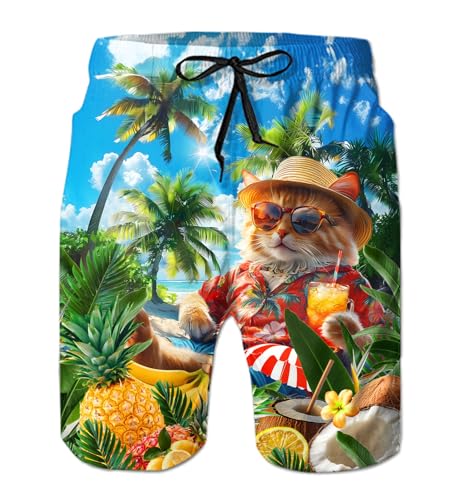 Loveternal Bañador para Hombre Bañador 3D Divertido Gato Surf Transpirable Bañador Hombre Elástico Ajustable con Cordón Forro de Malla M