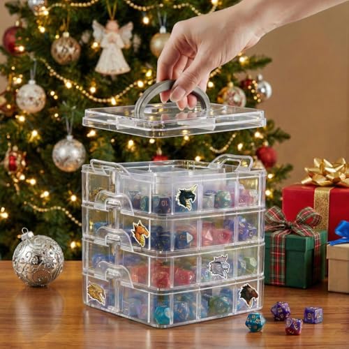 Image of PUGED DND Dice Storage Box with Removable Dividers Polyhedral Dice Plastic Organizer Holding Up To 1200 Dices Craft Bead Compartment Container with Stickers for Sewing, Jewelry, Art, DIY
