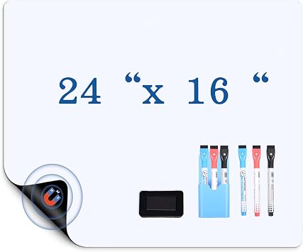 24x16 Inch Magnetic Refrigerator Whiteboard - Single Pack Flexible Dry Erase Memo Board with 6 Markers, Eraser & 1 Pen Holder, for Kitchen Office Home Notes Reminders Planning