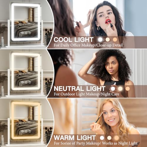 Image of FENNIO Vanity Mirror with Lights - 15 inchx12.6 inch LED Lighted Makeup Mirror, Large Makeup Mirror with Lights, Touch Screen with 3-Color Lighting, Dimmable, for Vanity Desk Tabletop, Bedroom