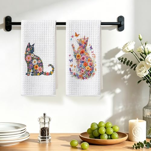 Image of 2 Pcs Flower Cat Kitchen Towels, Floral Cat Hand Towel for Bathroom Decor, Kitten Dish Tea Towel for Kitchen Home Bathroom Decor, Pet Gifts for Kitten Lovers Women Girls, 24x14 Inch